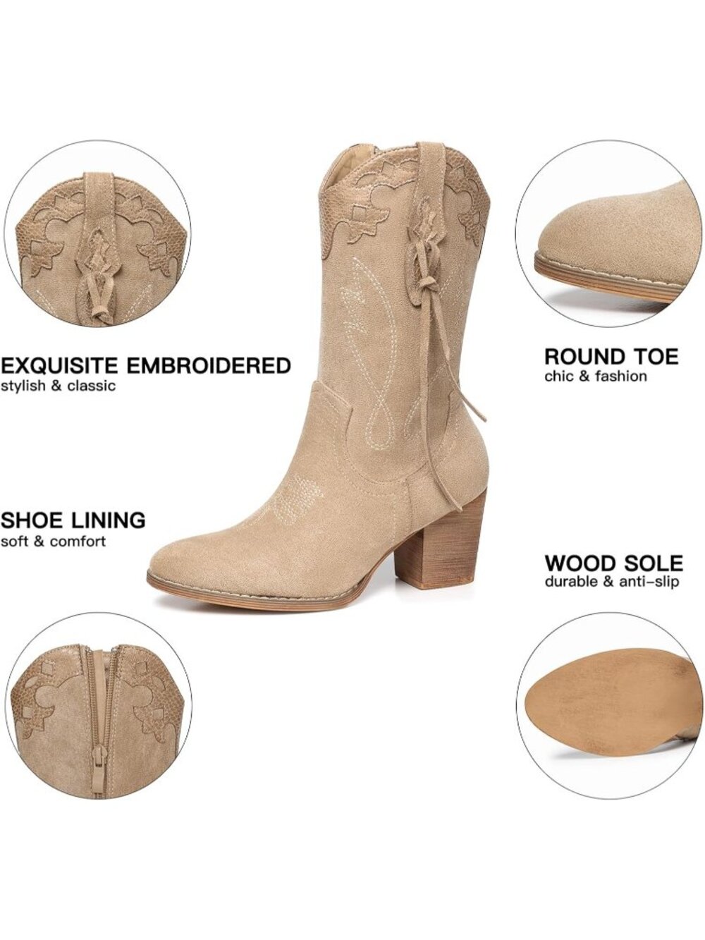 Women's Apricot Western Country High Heel Boots Suede Zipper Mid Calf Booties - Picture 4 of 6